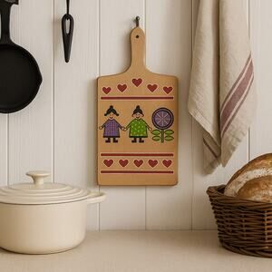 Vintage MCM Wooden Cutting Board Folk Art Dutch Girl Design 14"x7" Kitchen Decor